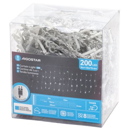 Aigostar - LED spoljašnji lanac 200xLED/3,6W/230V/8 funkcija 10x0,4m IP44 hladna bela