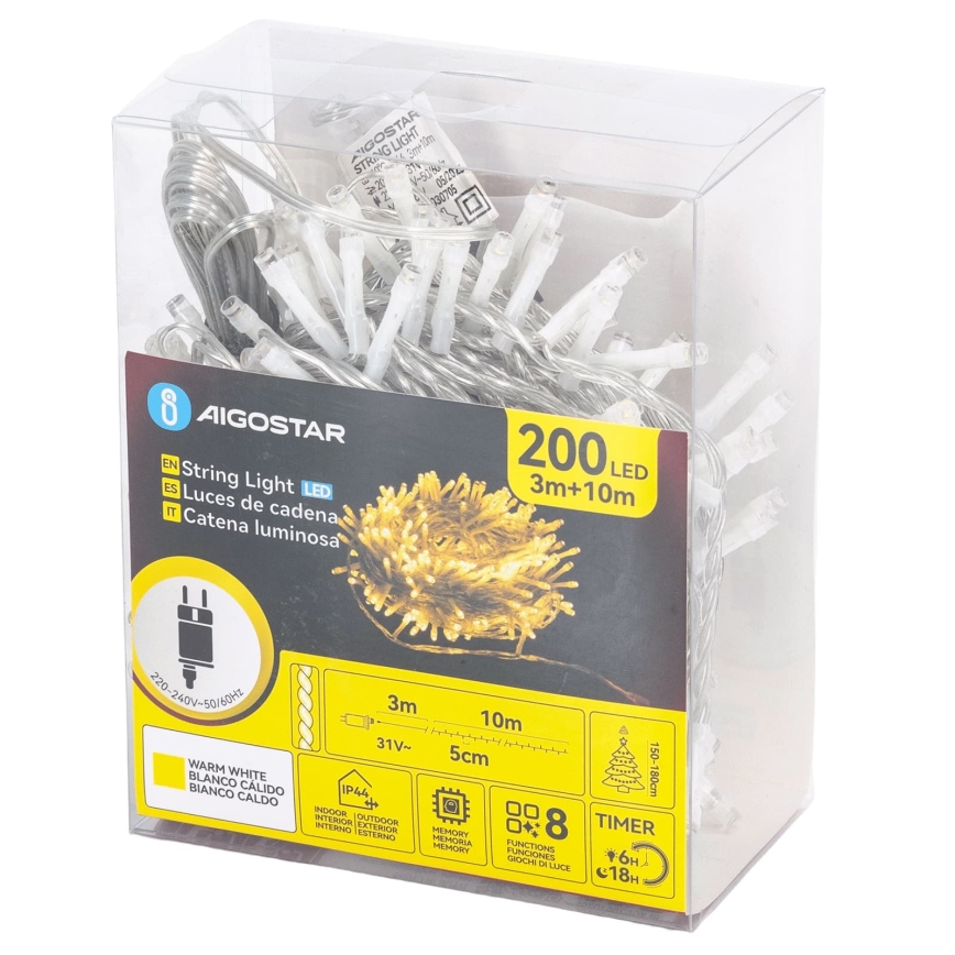 Aigostar - LED spoljni božićni lanac 200xLED/8 funkcija 13m IP44 topla bela