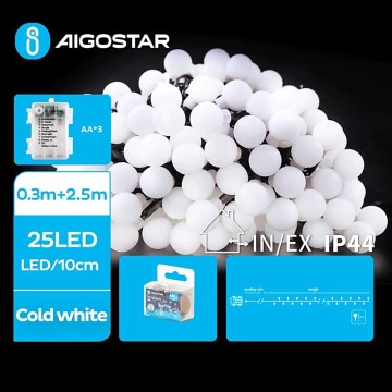 Aigostar - LED spoljni božićni lanac 25xLED/3xAA/8 funkcija 2,8 m IP44 hladna bela