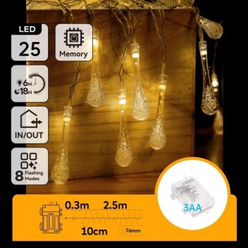 Aigostar - LED spoljni božićni lanac 25xLED/8 funkcija 3xAA 2,5 m IP44 toplo belo kapljice