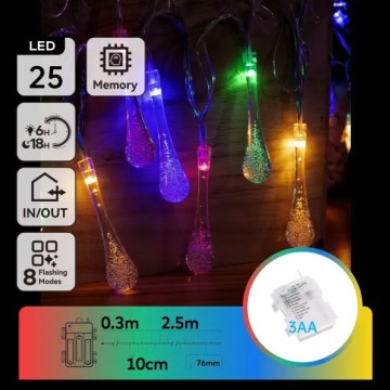 Aigostar - LED spoljni božićni lanac 25xLED/8 funkcija 3xAA 2,5m IP44 šarene kapljice