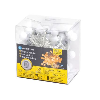 Aigostar - LED spoljni božićni lanac 50xLED/3xAA/8 funkcija 5,3 m IP44 topla bela