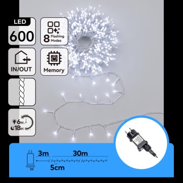 Aigostar - LED spoljni božićni lanac 600xLED/8 funkcija 33m IP44 hladno bela