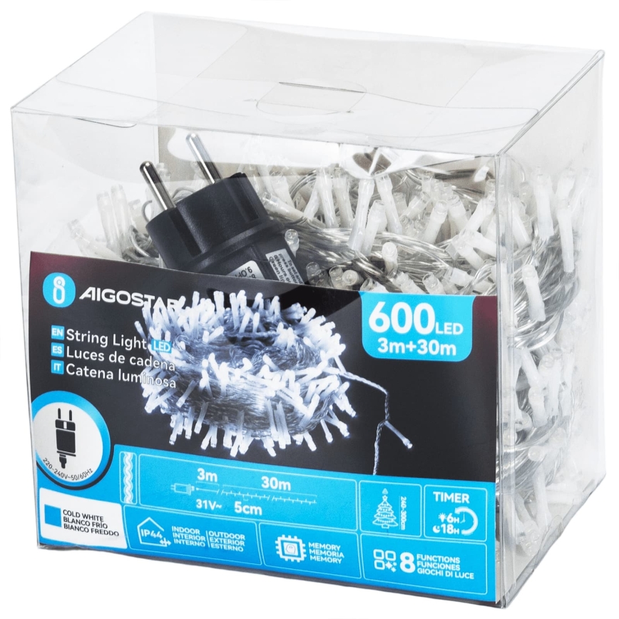 Aigostar - LED spoljni božićni lanac 600xLED/8 funkcija 33m IP44 hladno bela