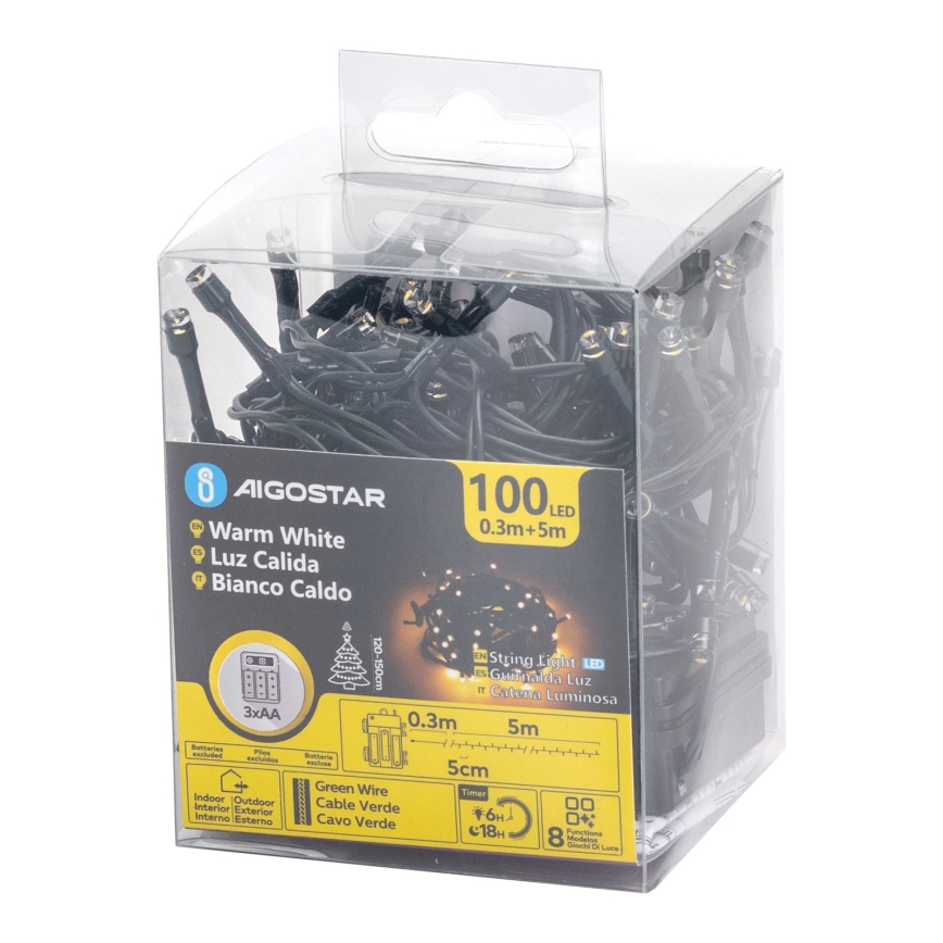 Aigostar - LED spoljašnji božićni lanac 100xLED/8 funkcija 3xAA 5,3 m IP44 topla bela