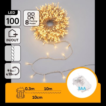 Aigostar - LED spoljni božićni niz 100xLED/8 funkcija 3xAA 10,3m IP44 topla bela