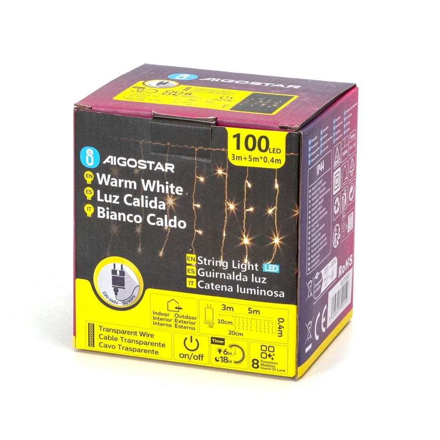 Aigostar - LED spoljni božićni niz 100xLED/8 funkcija 8x0,4m IP44 topla bela