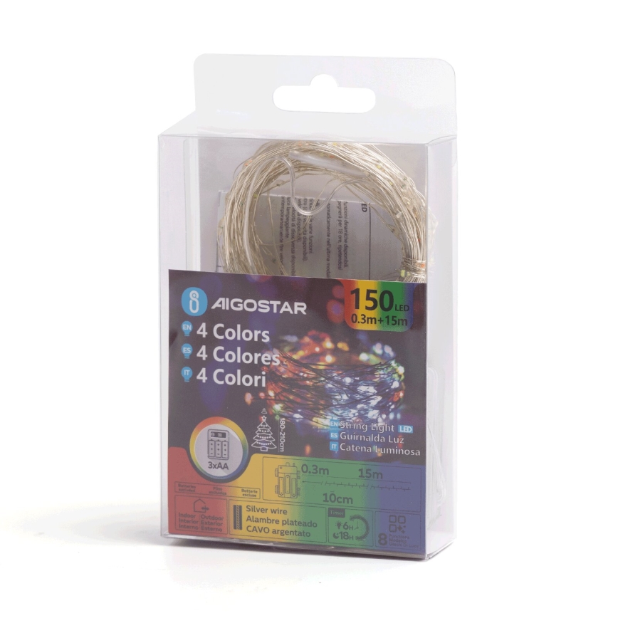 Aigostar - LED spoljašnja božićna girlanda 150xLED/8 funkcija/3xAA 15,3m IP44 višebojna