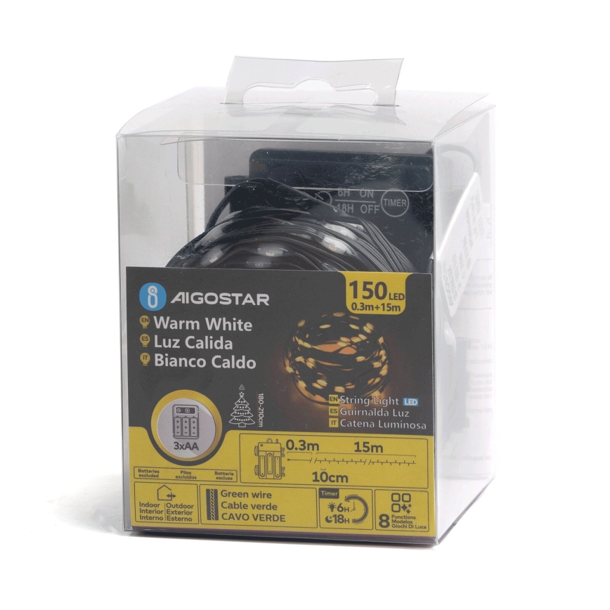 Aigostar -LED spoljni božićni niz 150xLED/8 funkcija 3xAA 15,3m IP44 topla bela