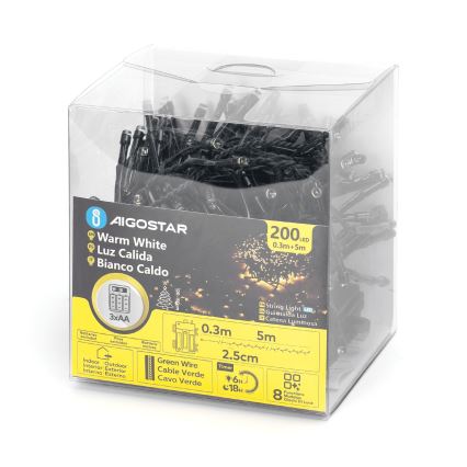 Aigostar - LED spoljni božićni niz 200xLED/8 funkcija 3xAA 5,3m IP44 topla bela