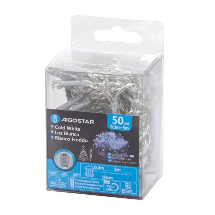 Aigostar -LED spoljni božićni niz 50xLED/8 funkcija 3xAA 5,3m IP44 hladno bela