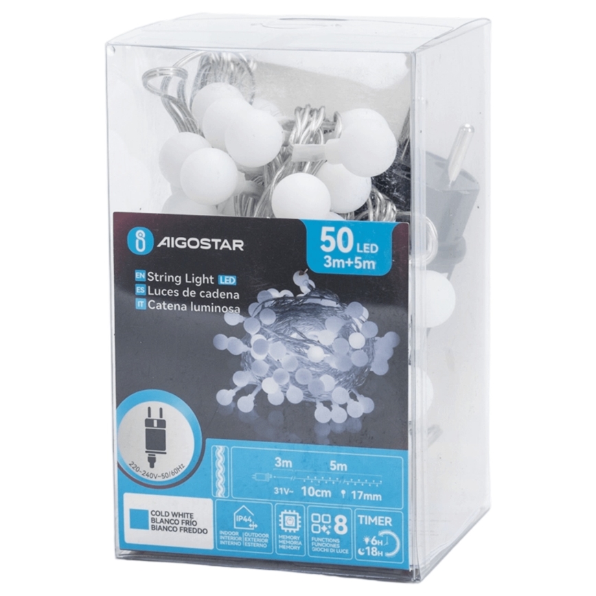 Aigostar - LED spoljašnja dekorativna girlanda 50xLED/8 funkcija 5 m IP44 hladno bela