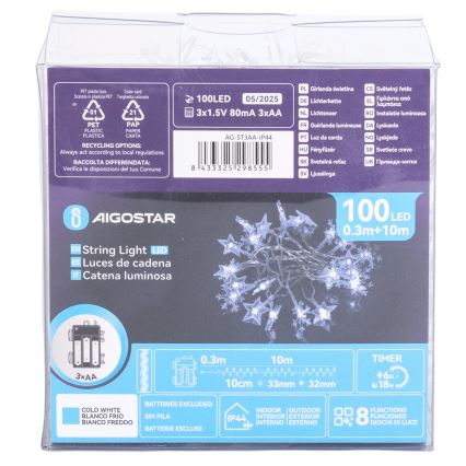 Aigostar - LED spoljni niz 100xLED/8 funkcija 3xAA 10 m IP44 hladno bela