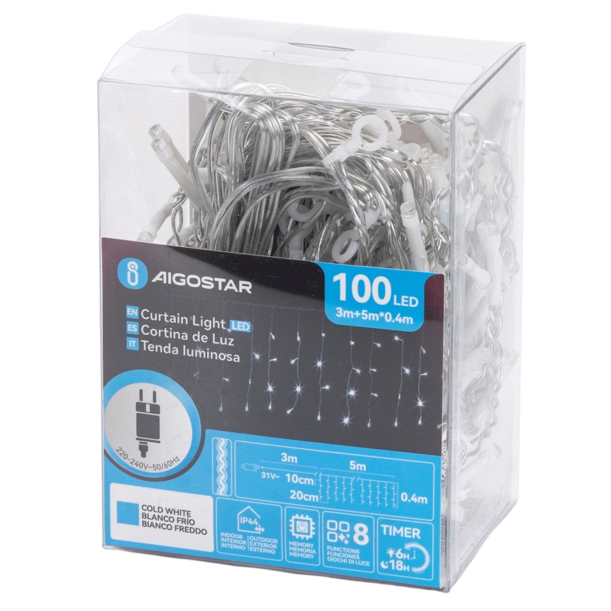 Aigostar - LED spoljni niz 100xLED/8 režima 5x0,4m IP44 hladno bela