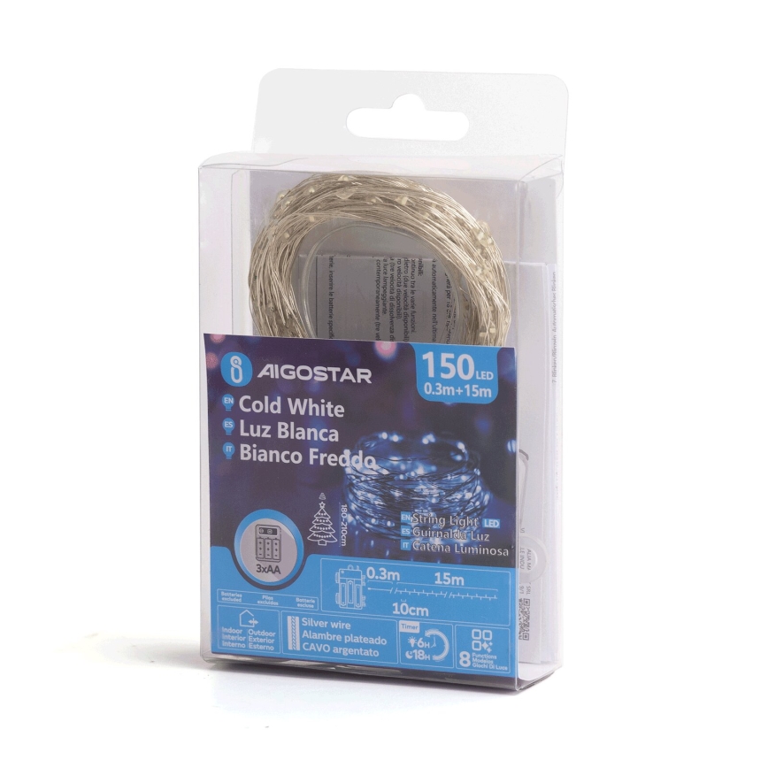 Aigostar - LED spoljašnji niz 150xLED/8 funkcija/3xAA 15,3 m IP44 hladna bela