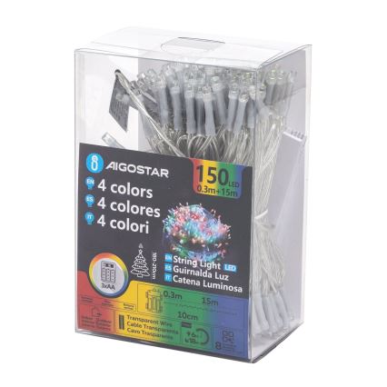 Aigostar - LED spoljni niz 150xLED/8 režima, napajanje 3xAA, dužina 15,3 m, IP44, višebojan