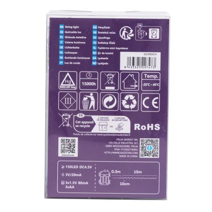 Aigostar - LED spoljni niz 150xLED/8 režima, napajanje 3xAA, dužina 15,3 m, IP44, višebojan