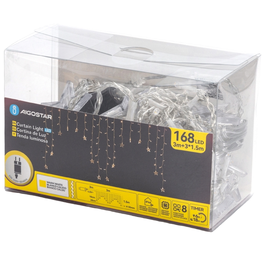 Aigostar - LED spoljašnji niz 168xLED/8 funkcija 3x1,5m IP44 toplo belo, u obliku zvezda