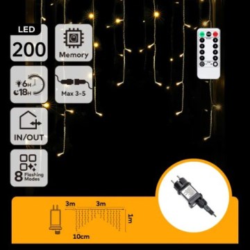 Aigostar - LED Spoljni  niz 200xLED/6W/230V/8 funkcija 3x1m IP44 toplo belo + daljinski upravljač