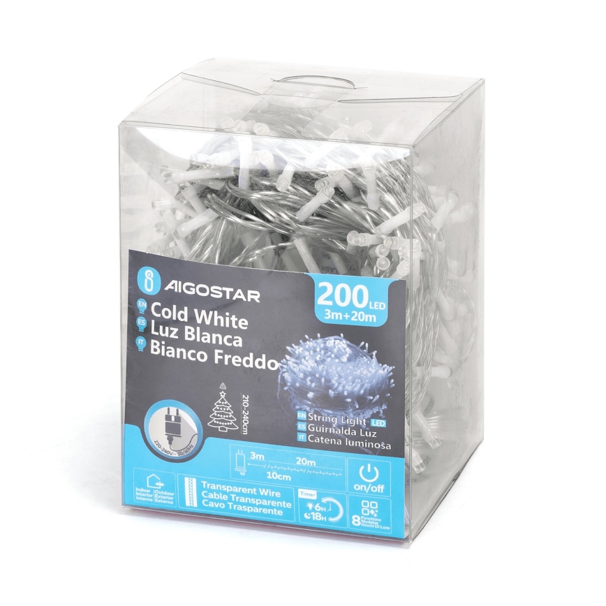 Aigostar - LED spoljni niz 200xLED/8 funkcija 23m IP44 hladna bela