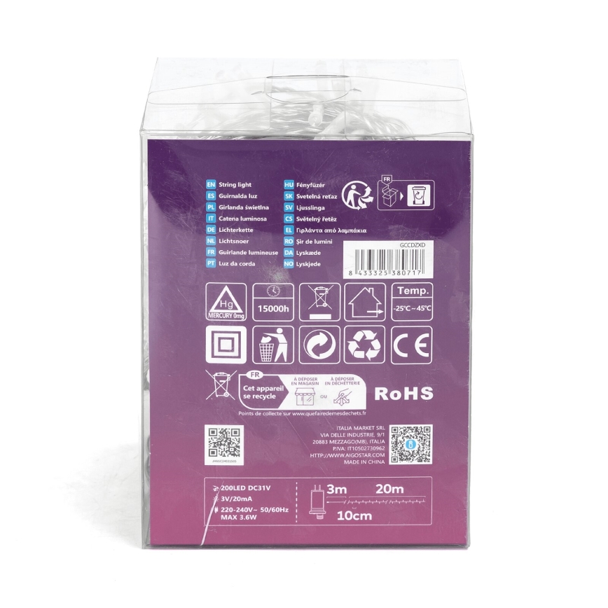 Aigostar - LED spoljni niz 200xLED/8 funkcija 23m IP44 hladna bela