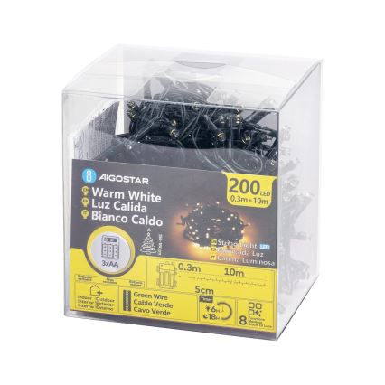 Aigostar - LED spoljni niz 200xLED/8 funkcija 3xAA 10,3m IP44 topla bela