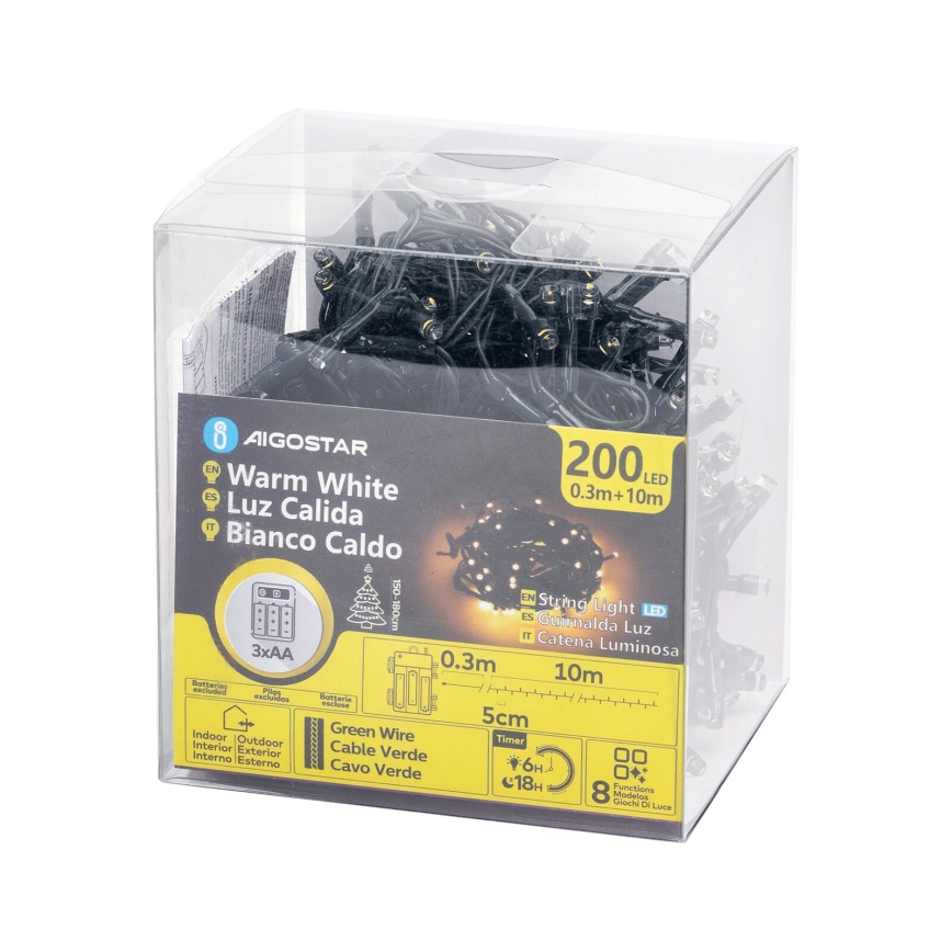 Aigostar - LED spoljni niz 200xLED/8 funkcija 3xAA 10,3m IP44 topla bela