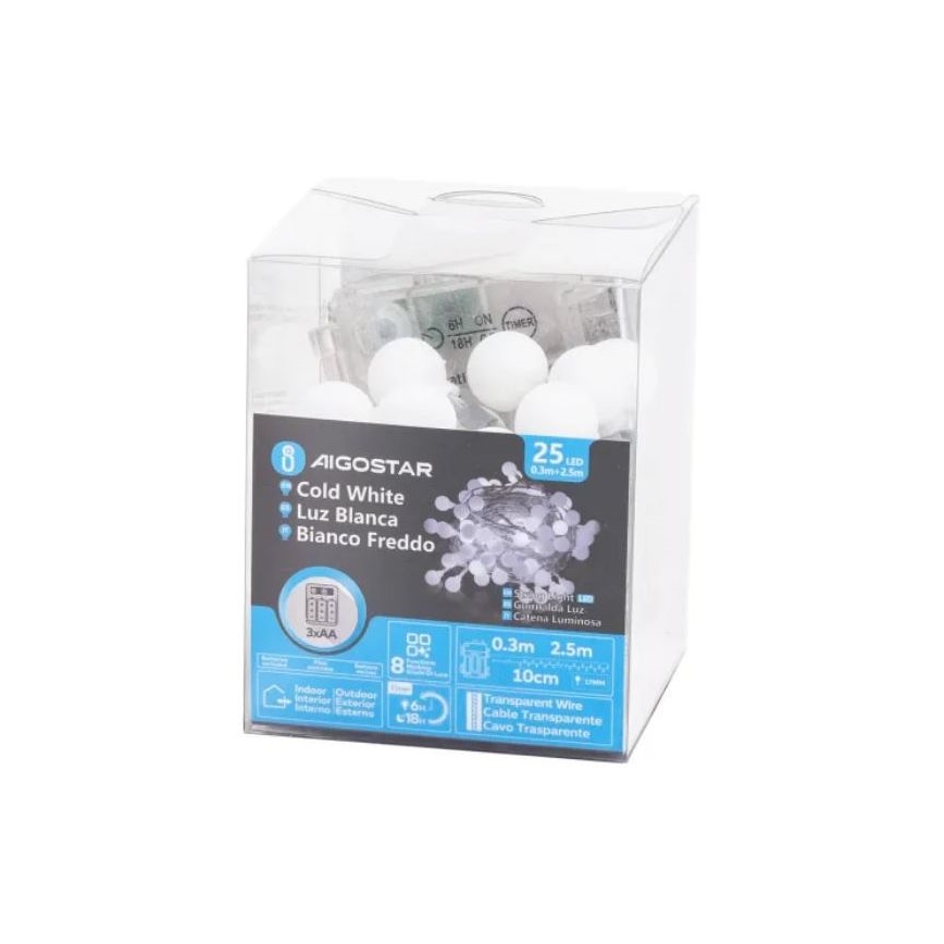 Aigostar - LED spoljni božićni lanac 25xLED/3xAA/8 funkcija 2,8 m IP44 hladna bela