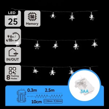 Aigostar - LED spoljni niz 25xLED/8 funkcija 3xAA 2,5 m IP44 hladna bela