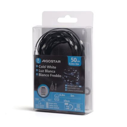 Aigostar - LED spoljni niz 50 x LED / 8 režima, napajanje 3x AA, dužina 5,3 m, IP44, hladno belo svetlo
