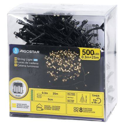 Aigostar - LED spoljašnji niz 500xLED/8 funkcija 4xAA 25,3 m IP44 toplo bela