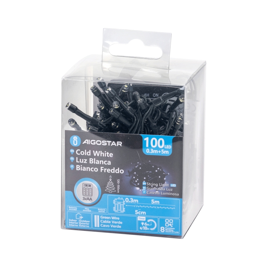 Aigostar - LED spoljni svetlosni niz 100xLED/8 funkcija 3xAA 5,3 m IP44 hladna bela