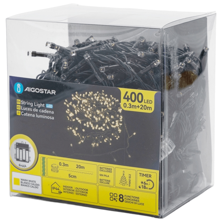 Aigostar - LED spoljašnja božićna girlanda 400xLED/8 funkcija 4xAA 20,3 m IP44 topla bela