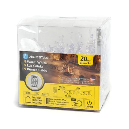 Aigostar - LED svetlosni lanac 20xLED/3xAA 3,3m sa sobovima