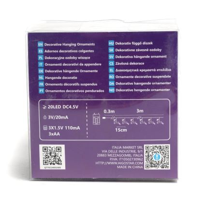 Aigostar - LED svetlosni lanac 20xLED/3xAA 3,3m sa sobovima