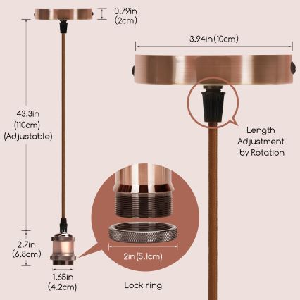 Aigostar - Napajajući kabel 1xE27/60W/230V bakrene boje