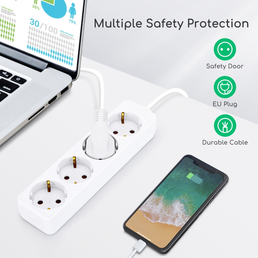 Aigostar - Produžni kabl 4Z Tip F 1,5m bela SCHUKO