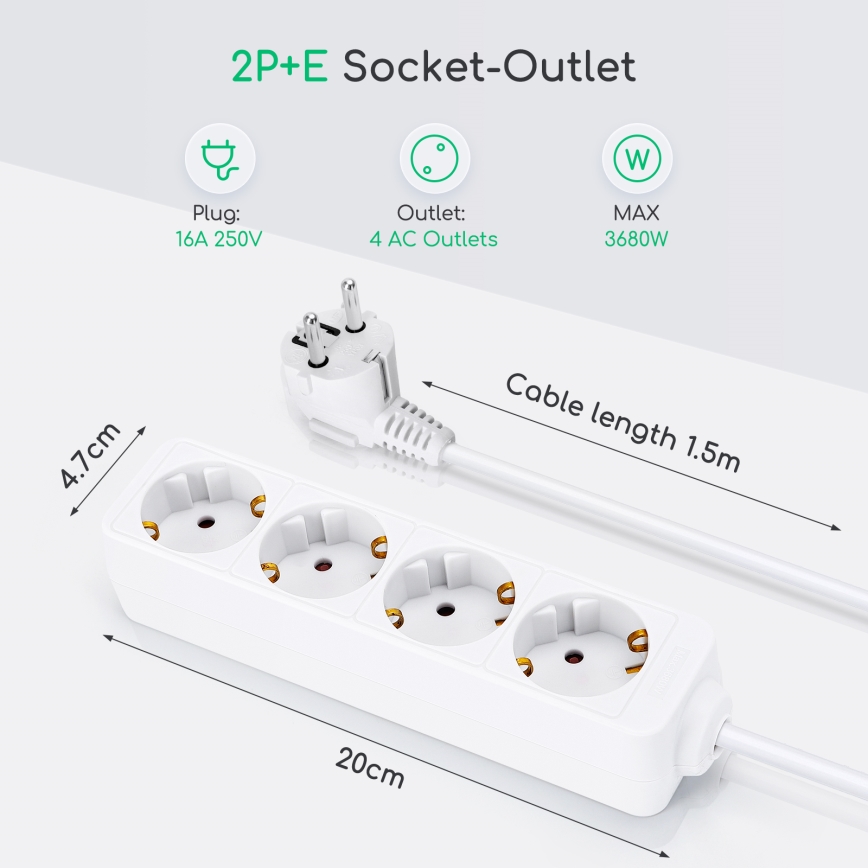 Aigostar - Produžni kabl 4Z Tip F 1,5m bela SCHUKO
