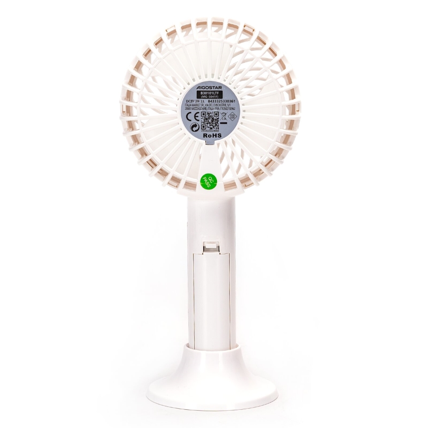 Aigostar - Punjivi džepni ventilator 3W/5V 1500mAh USB beo
