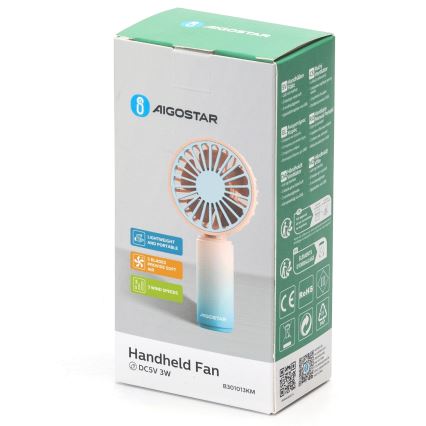 Aigostar - Punjivi džepni ventilator 3W/5V 500 mAh USB ružičasta/plava