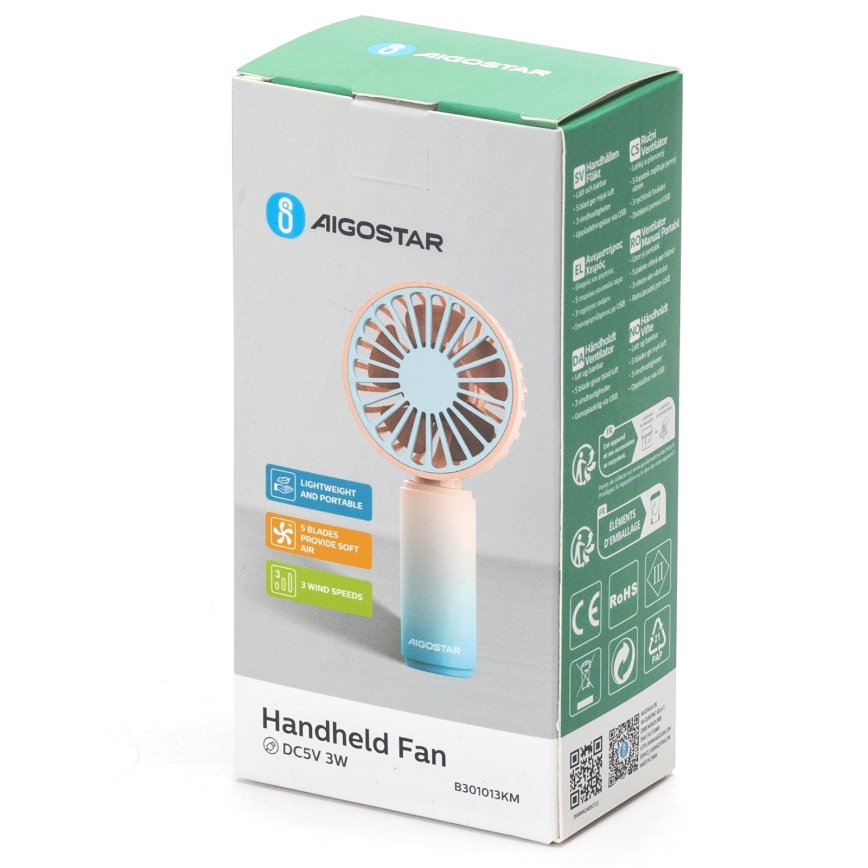 Aigostar - Punjivi džepni ventilator 3W/5V 500 mAh USB ružičasta/plava
