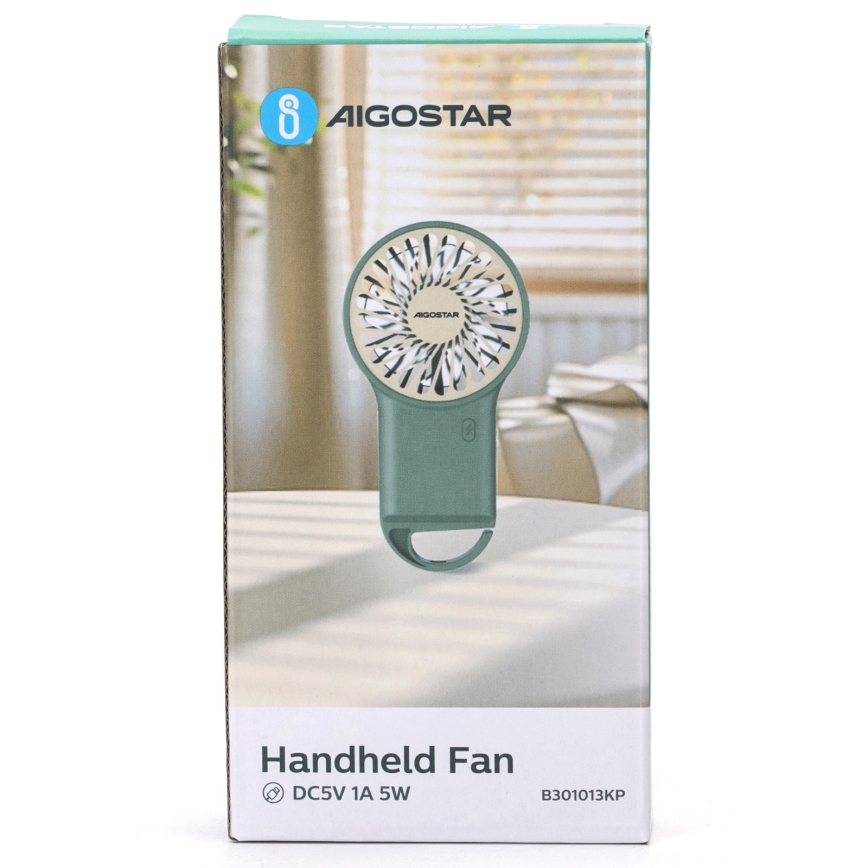 Aigostar - Punjivi džepni ventilator 4W/5V 500 mAh USB, zelene boje