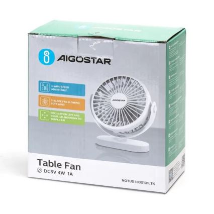 Aigostar - Punjivi stoni ventilator 4W/5V 1500mAh beli