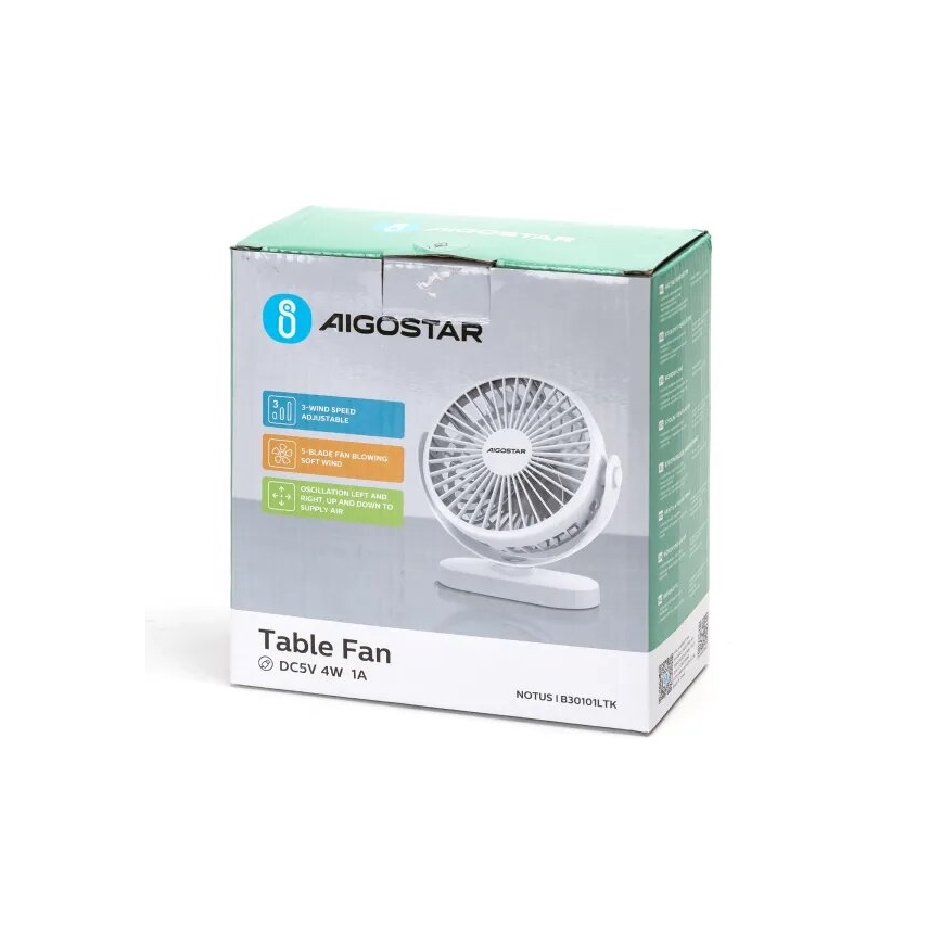 Aigostar - Punjivi stoni ventilator 4W/5V 1500mAh beli