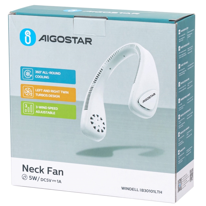 Aigostar - Punjivi ventilator za vrat 4W/5V 2000mAh beli