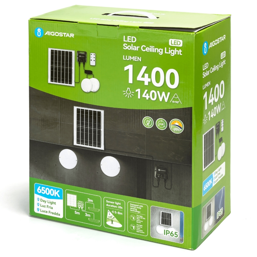 Aigostar - LED solarno plafonsko svetlo sa senzorom 2xLED/70W/3,7V 12000 mAh IP65 + daljinski upravljač