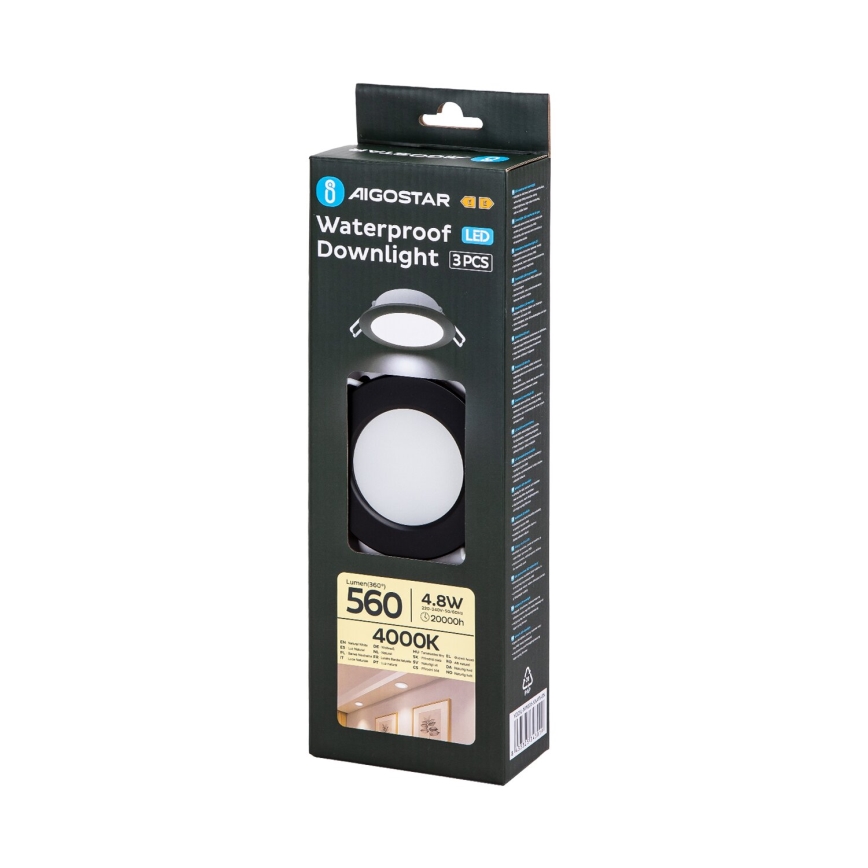 Aigostar - Set od 3 ugradna LED svetla za kupatilo, LED/4,8W/230V, 4000K, IP65, crna