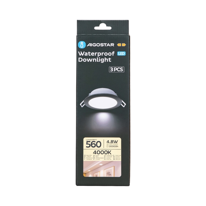 Aigostar - Set od 3 ugradna LED svetla za kupatilo, LED/4,8W/230V, 4000K, IP65, crna