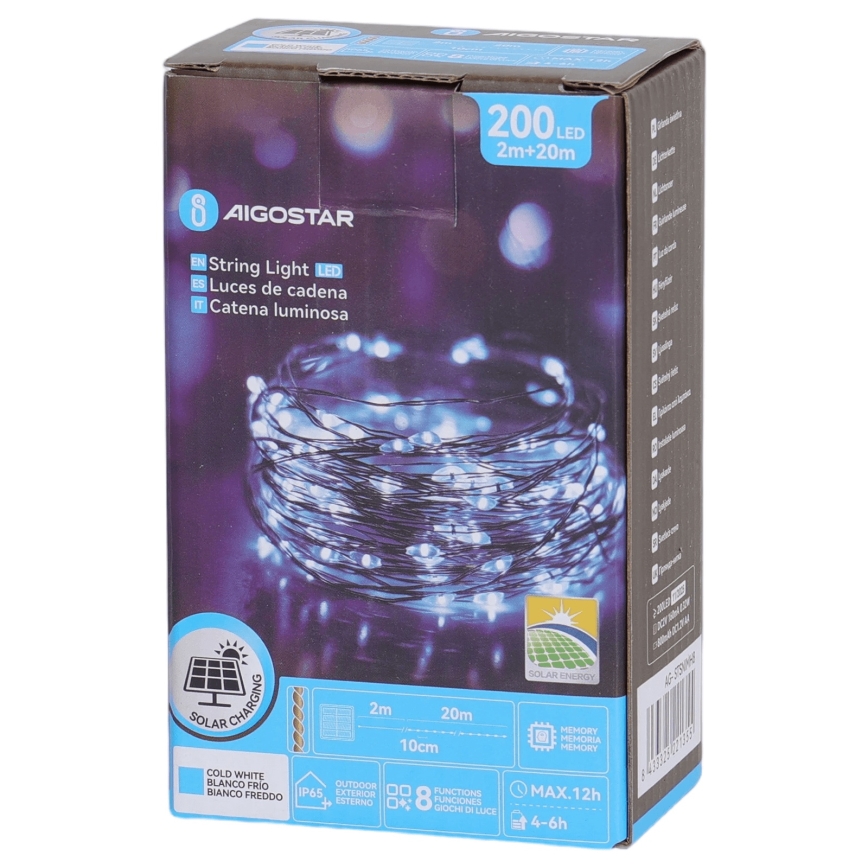 Aigostar - LED solarni niz 200xLED/8 funkcija 22 m IP65 hladna bela 800 mAh