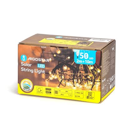 Aigostar - Solarni LED dekorativni lanac 50xLED/8 funkcija 12m 800 mAh IP65 topla bela